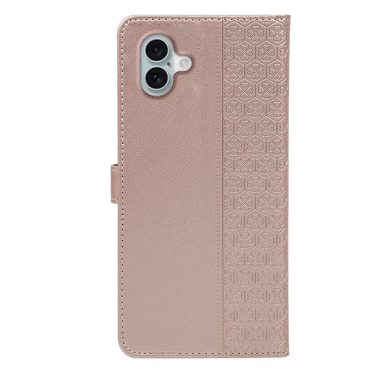For iPhone 16 Plus Case Magnetic Clasp Four-Leaf Clover Leather Phone Cover - Rose Gold