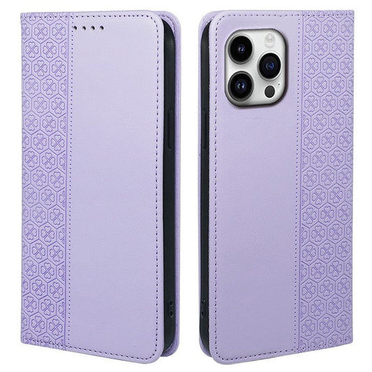 For iPhone 16 Pro Case Four-Leaf Clover Leather Flip Phone Cover Stand Wallet - Light Purple