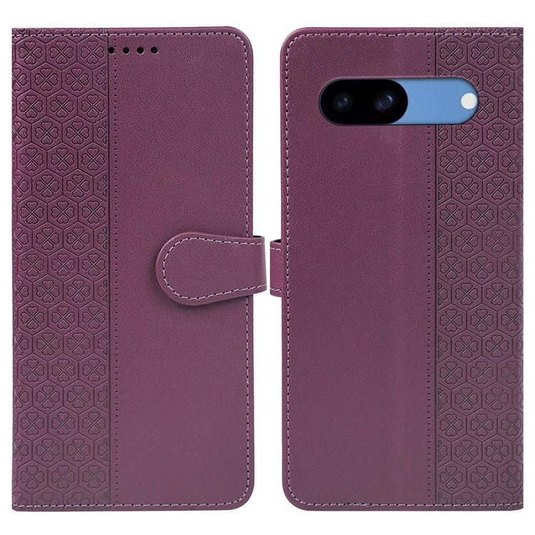 For Google Pixel 8a Case Magnetic Clasp Four-Leaf Clover Leather Phone Cover - Dark Purple