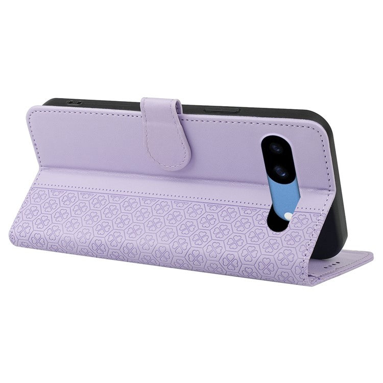 For Google Pixel 8a Case Magnetic Clasp Four-Leaf Clover Leather Phone Cover - Light Purple