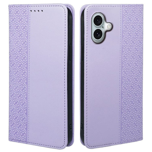 For iPhone 16 Plus Case Four-Leaf Clover Leather Flip Phone Cover Stand Wallet - Light Purple