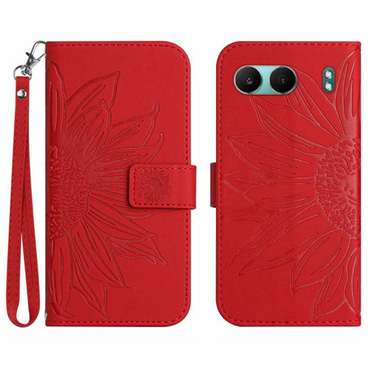 HT04 For OnePlus Nord 4 Case Sunflower Imprint Leather Wallet Phone Cover with Wrist Strap - Red