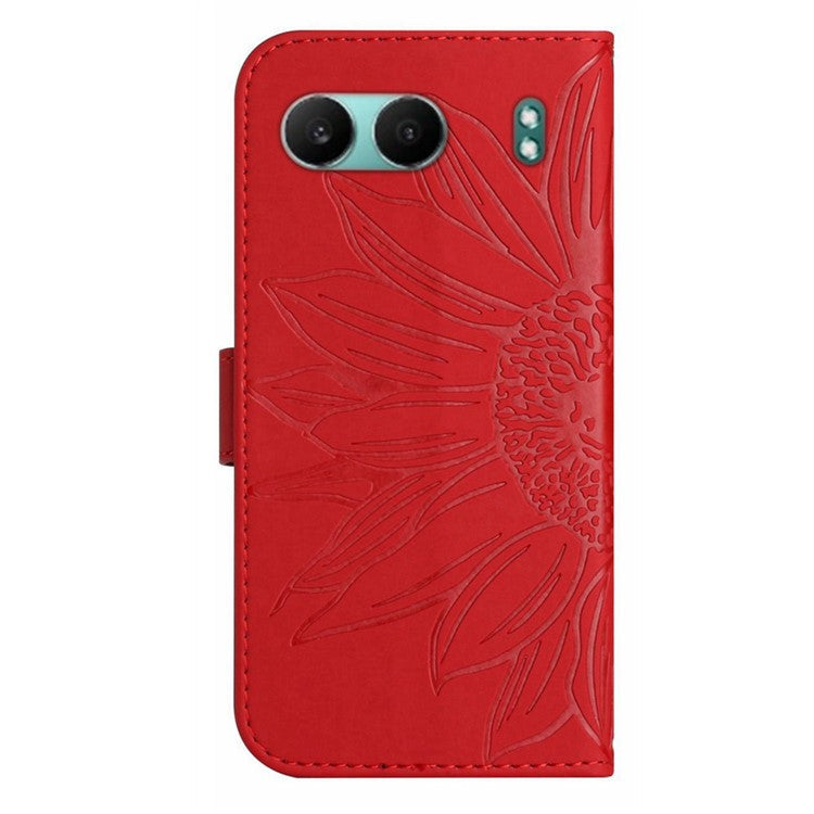 HT04 For OnePlus Nord 4 Case Sunflower Imprint Leather Wallet Phone Cover with Wrist Strap - Red