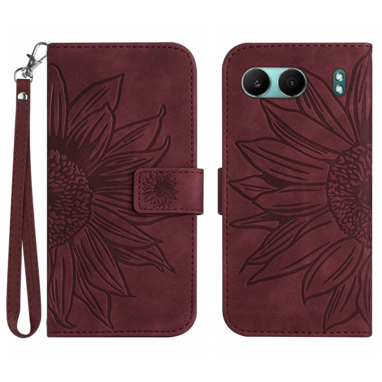 HT04 For OnePlus Nord 4 Case Sunflower Imprint Leather Wallet Phone Cover with Wrist Strap - Wine Red
