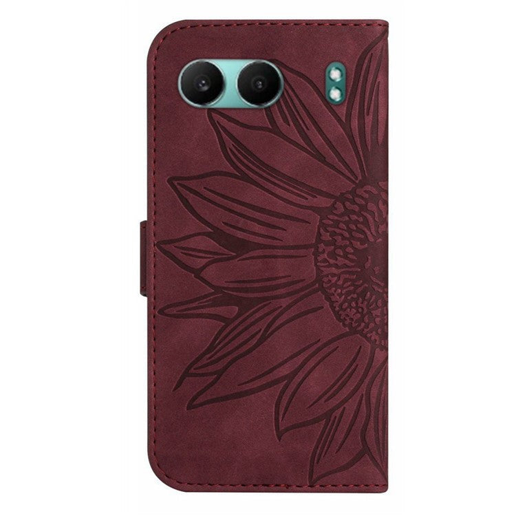 HT04 For OnePlus Nord 4 Case Sunflower Imprint Leather Wallet Phone Cover with Wrist Strap - Wine Red