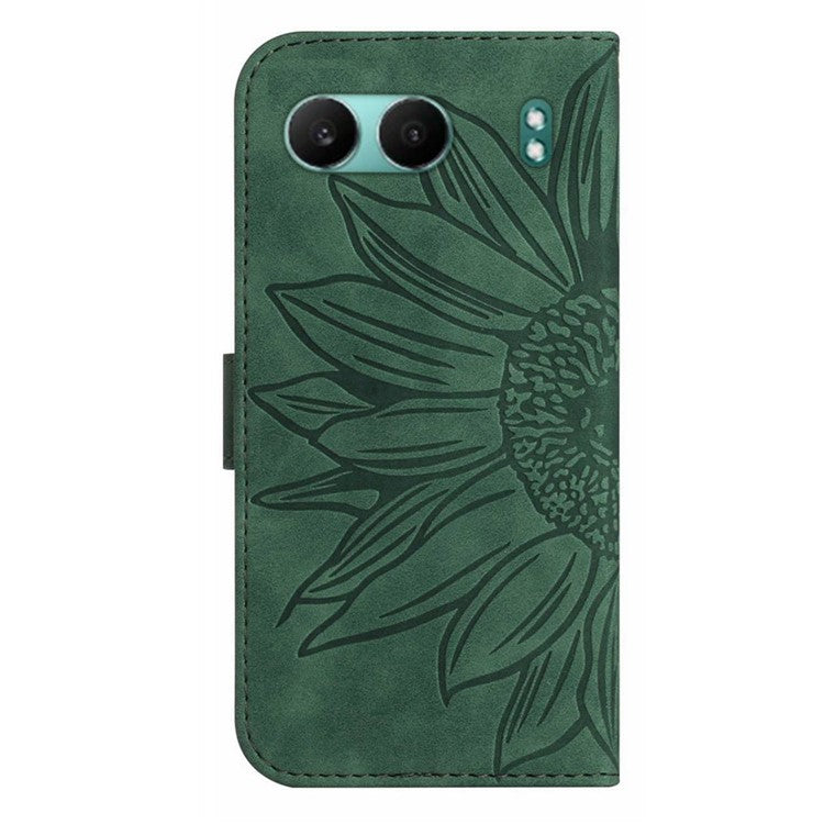 HT04 For OnePlus Nord 4 Case Sunflower Imprint Leather Wallet Phone Cover with Wrist Strap - Dark Green
