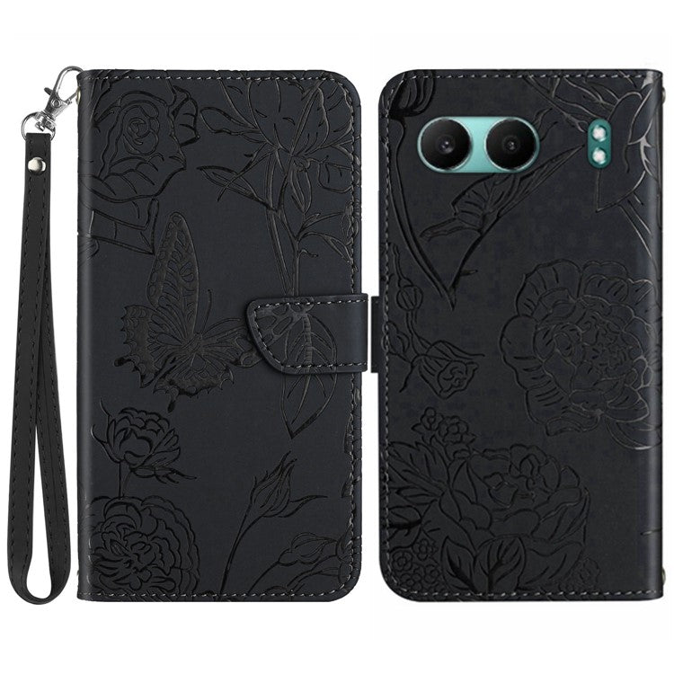 HT03 For OnePlus Nord 4 Phone Case Butterfly Flower Imprint Leather Cover with Strap - Black
