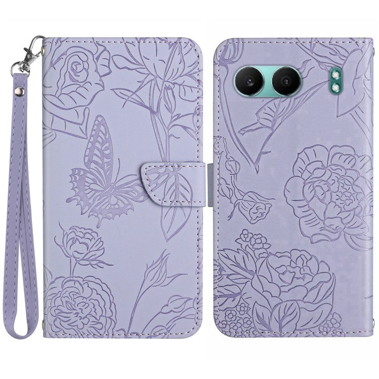 HT03 For OnePlus Nord 4 Phone Case Butterfly Flower Imprint Leather Cover with Strap - Purple