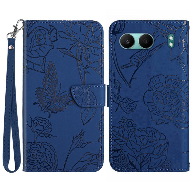 HT03 For OnePlus Nord 4 Phone Case Butterfly Flower Imprint Leather Cover with Strap - Blue