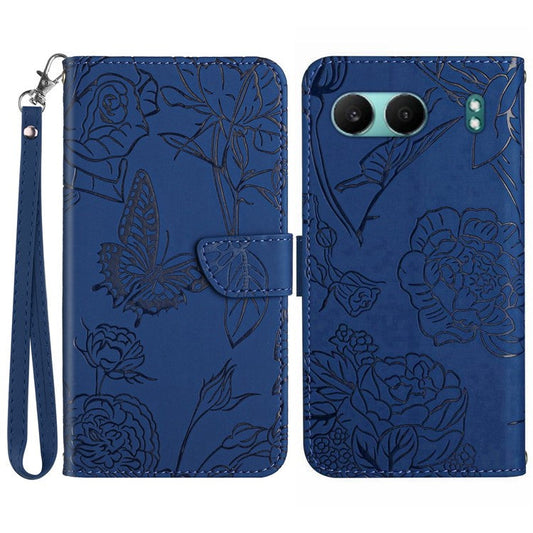 HT03 For OnePlus Nord 4 Phone Case Butterfly Flower Imprint Leather Cover with Strap - Blue