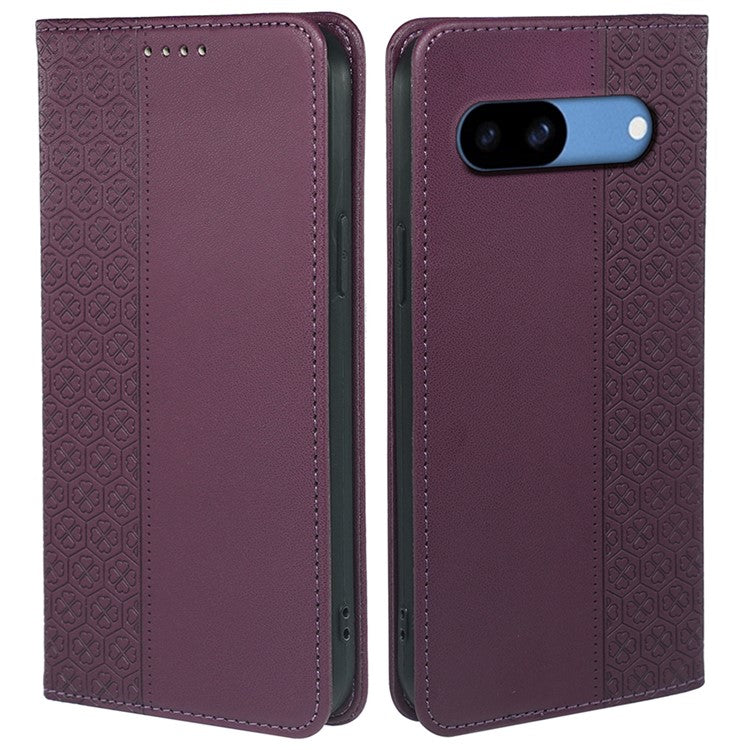 For Google Pixel 8a Case Four-Leaf Clover Leather Flip Phone Cover Stand Wallet - Dark Purple
