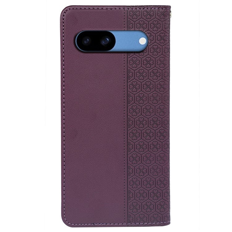For Google Pixel 8a Case Four-Leaf Clover Leather Flip Phone Cover Stand Wallet - Dark Purple
