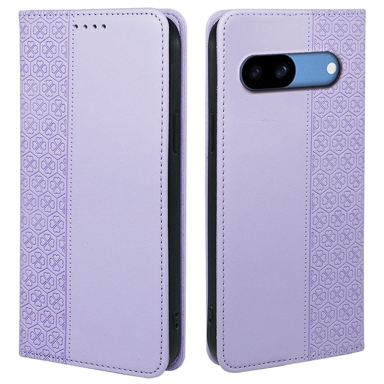 For Google Pixel 8a Case Four-Leaf Clover Leather Flip Phone Cover Stand Wallet - Light Purple