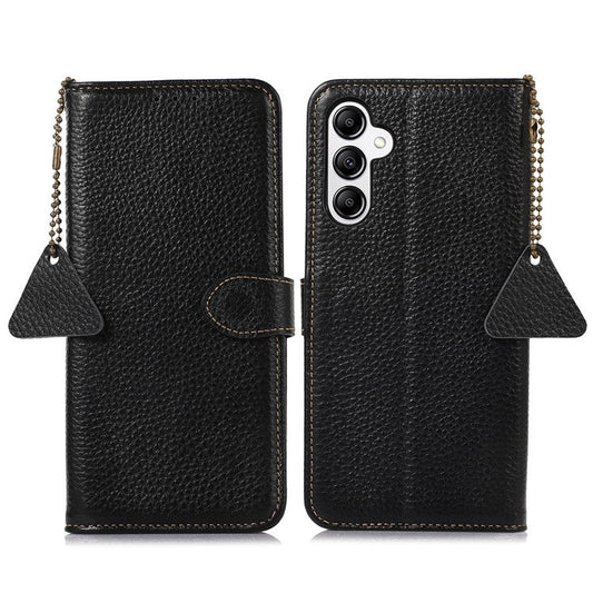 For Samsung Galaxy M35 5G Case RFID Blocking Genuine Cow Leather Phone Cover - Black