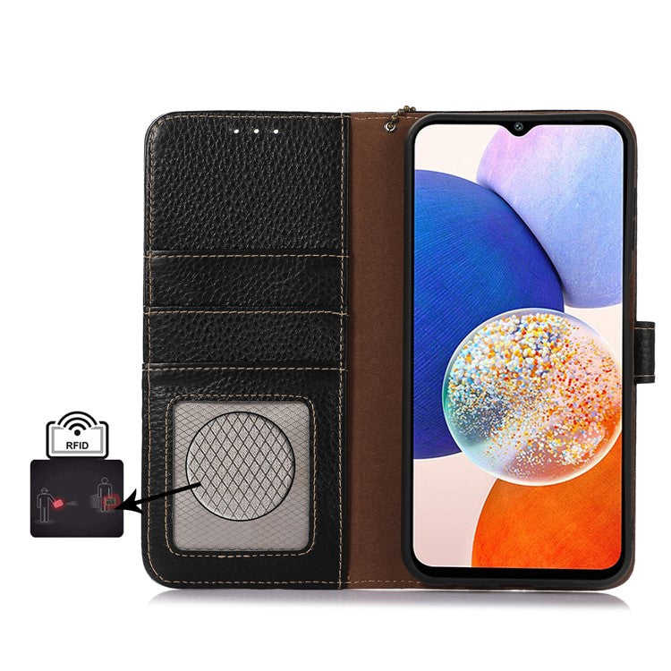 For Samsung Galaxy M35 5G Case RFID Blocking Genuine Cow Leather Phone Cover - Black