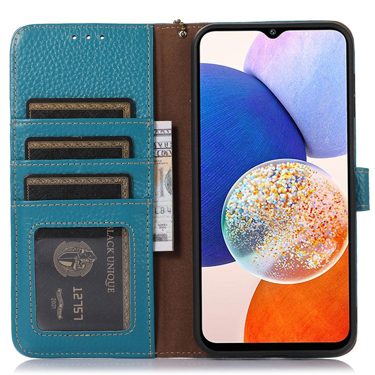 For Samsung Galaxy M35 5G Case RFID Blocking Genuine Cow Leather Phone Cover - Blue