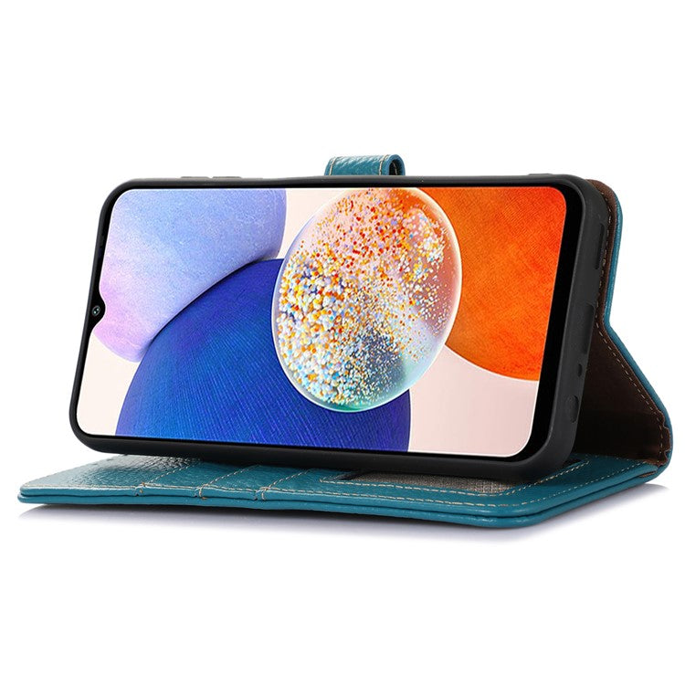 For Samsung Galaxy M35 5G Case RFID Blocking Genuine Cow Leather Phone Cover - Blue