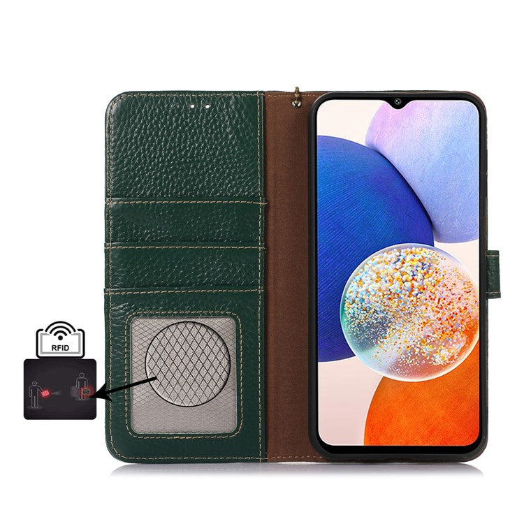 For Samsung Galaxy M35 5G Case RFID Blocking Genuine Cow Leather Phone Cover - Green