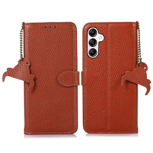 For Samsung Galaxy M35 5G Case RFID Blocking Genuine Cow Leather Phone Cover - Brown