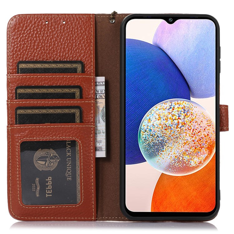 For Samsung Galaxy M35 5G Case RFID Blocking Genuine Cow Leather Phone Cover - Brown