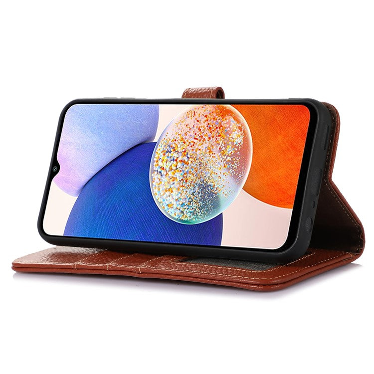 For Samsung Galaxy M35 5G Case RFID Blocking Genuine Cow Leather Phone Cover - Brown