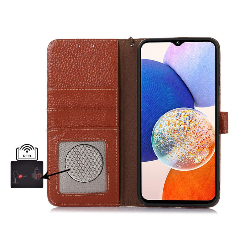 For Samsung Galaxy M35 5G Case RFID Blocking Genuine Cow Leather Phone Cover - Brown