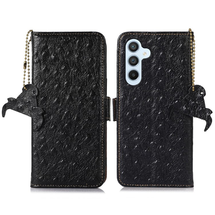 For Samsung Galaxy M35 5G Case Genuine Cow Phone Cover Ostrich Texture RFID Blocking Card Holder - Black