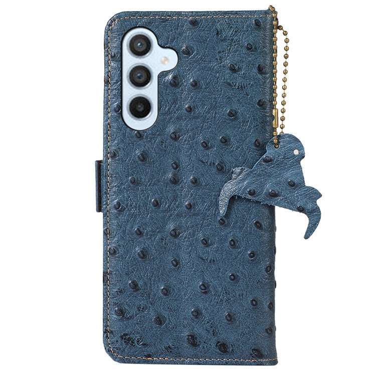 For Samsung Galaxy M35 5G Case Genuine Cow Phone Cover Ostrich Texture RFID Blocking Card Holder - Blue
