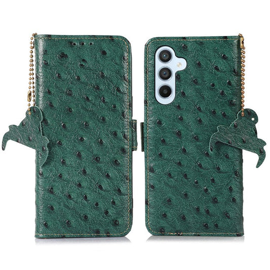 For Samsung Galaxy M35 5G Case Genuine Cow Phone Cover Ostrich Texture RFID Blocking Card Holder - Green