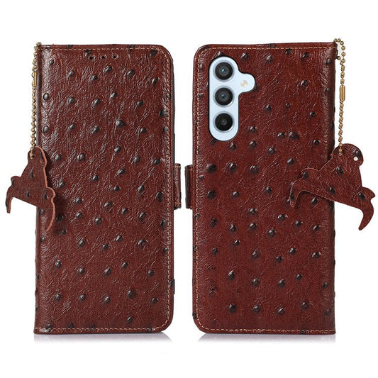 For Samsung Galaxy M35 5G Case Genuine Cow Phone Cover Ostrich Texture RFID Blocking Card Holder - Coffee