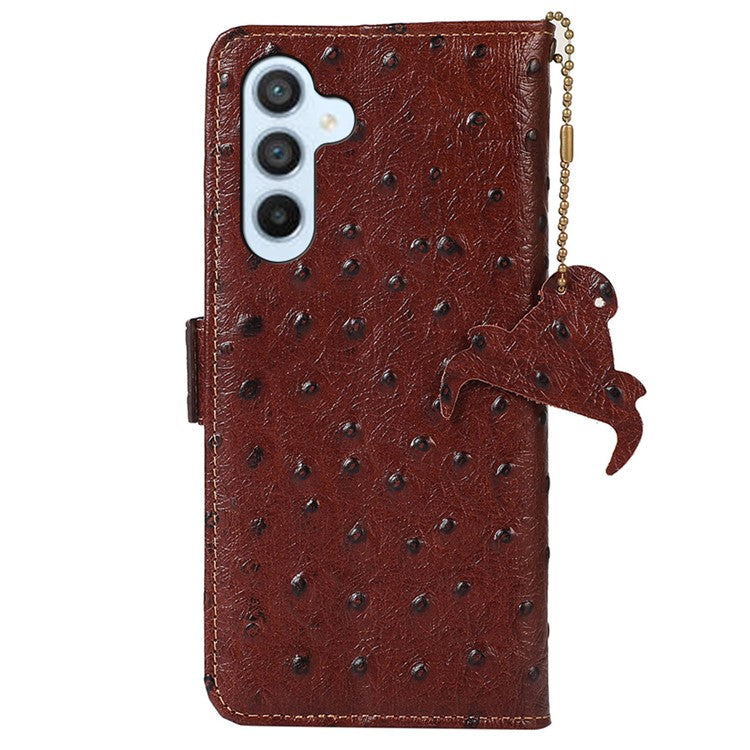 For Samsung Galaxy M35 5G Case Genuine Cow Phone Cover Ostrich Texture RFID Blocking Card Holder - Coffee