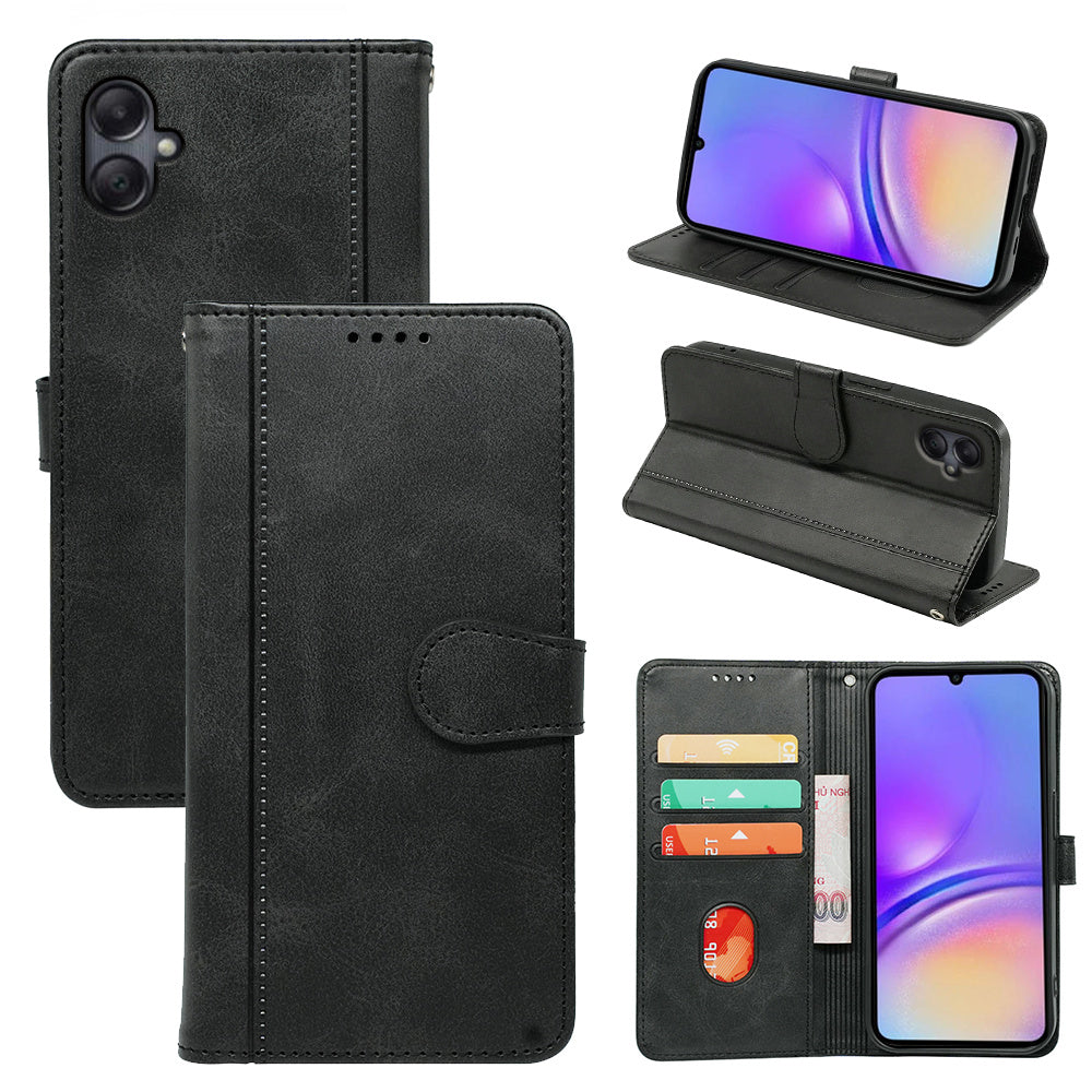 For Samsung Galaxy A06 Case Calf Texture Leather Stand Book Style Phone Cover - Black