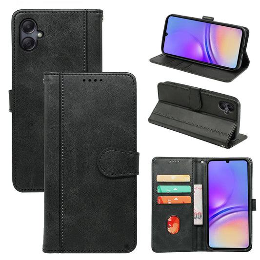 For Samsung Galaxy A06 Case Calf Texture Leather Stand Book Style Phone Cover - Black