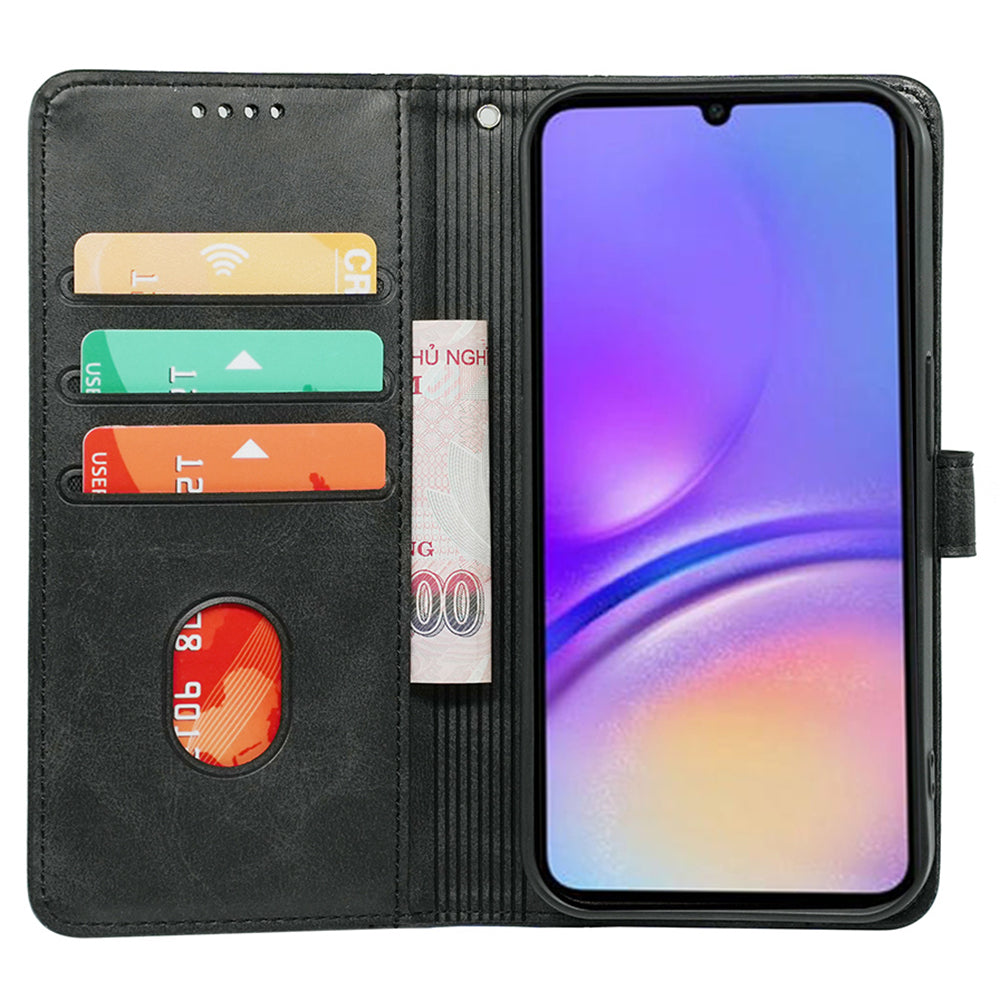 For Samsung Galaxy A06 Case Calf Texture Leather Stand Book Style Phone Cover - Black