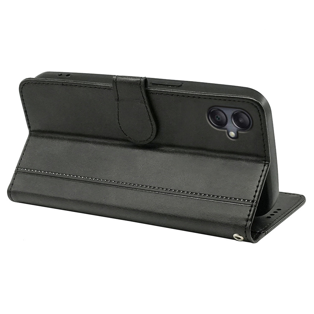 For Samsung Galaxy A06 Case Calf Texture Leather Stand Book Style Phone Cover - Black