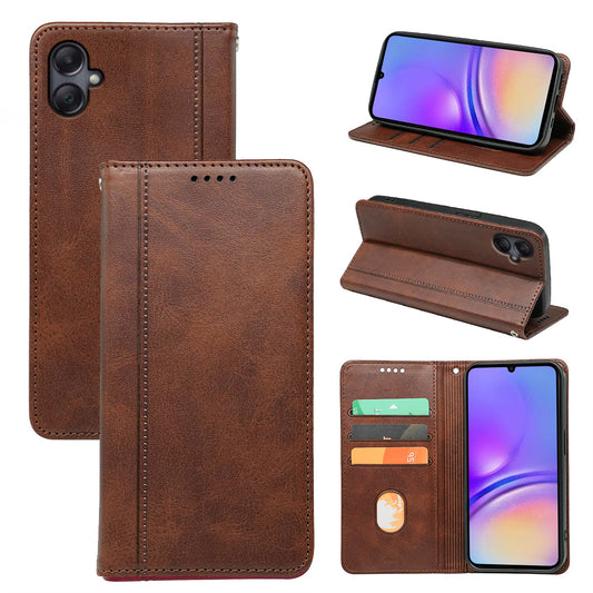For Samsung Galaxy A06 Case Calf Texture Leather Stand Book Style Phone Cover - Brown