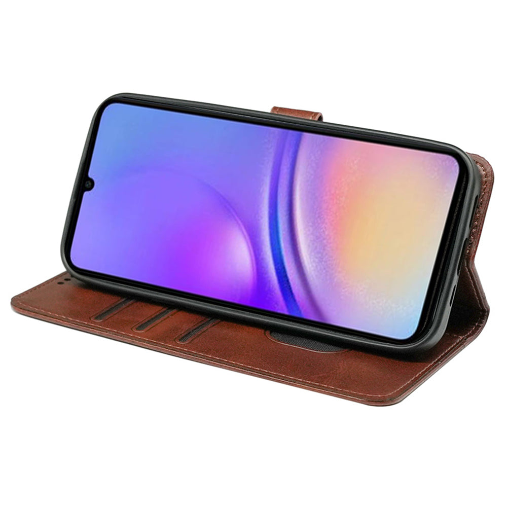 For Samsung Galaxy A06 Case Calf Texture Leather Stand Book Style Phone Cover - Brown