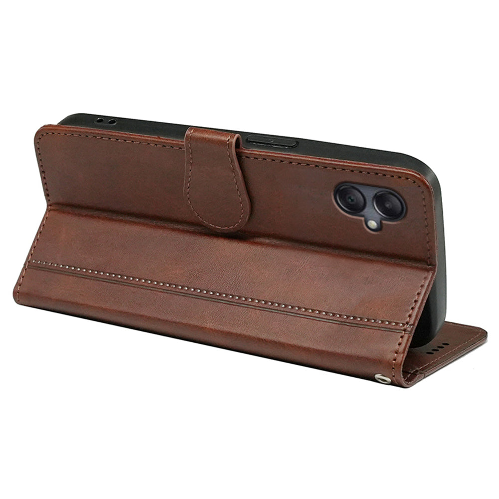 For Samsung Galaxy A06 Case Calf Texture Leather Stand Book Style Phone Cover - Brown