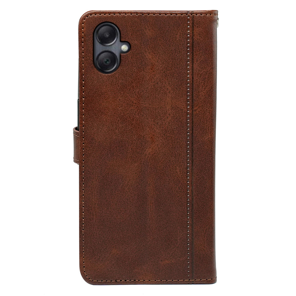 For Samsung Galaxy A06 Case Calf Texture Leather Stand Book Style Phone Cover - Brown