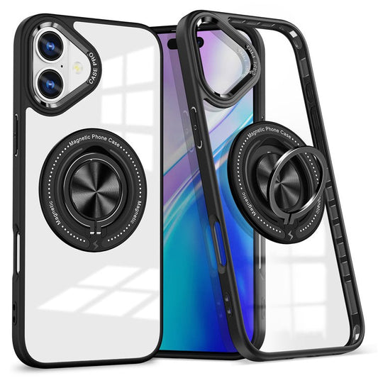 For iPhone 16 Plus Case Magnetic Ring Holder Kickstand PC+TPU Phone Cover - Black