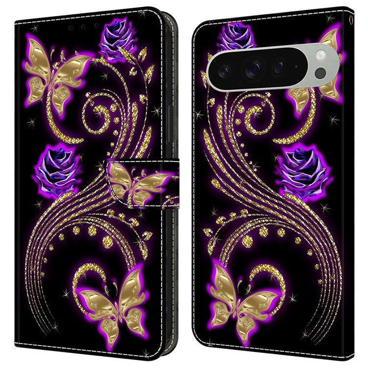 For Google Pixel 9 / 9 Pro Case 3D Pattern PU Leather Wallet Phone Cover with Stand - Purple Flowers / Butterflies