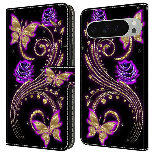For Google Pixel 9 / 9 Pro Case 3D Pattern PU Leather Wallet Phone Cover with Stand - Purple Flowers / Butterflies