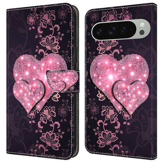For Google Pixel 9 / 9 Pro Case 3D Pattern PU Leather Wallet Phone Cover with Stand - Lace Hearts