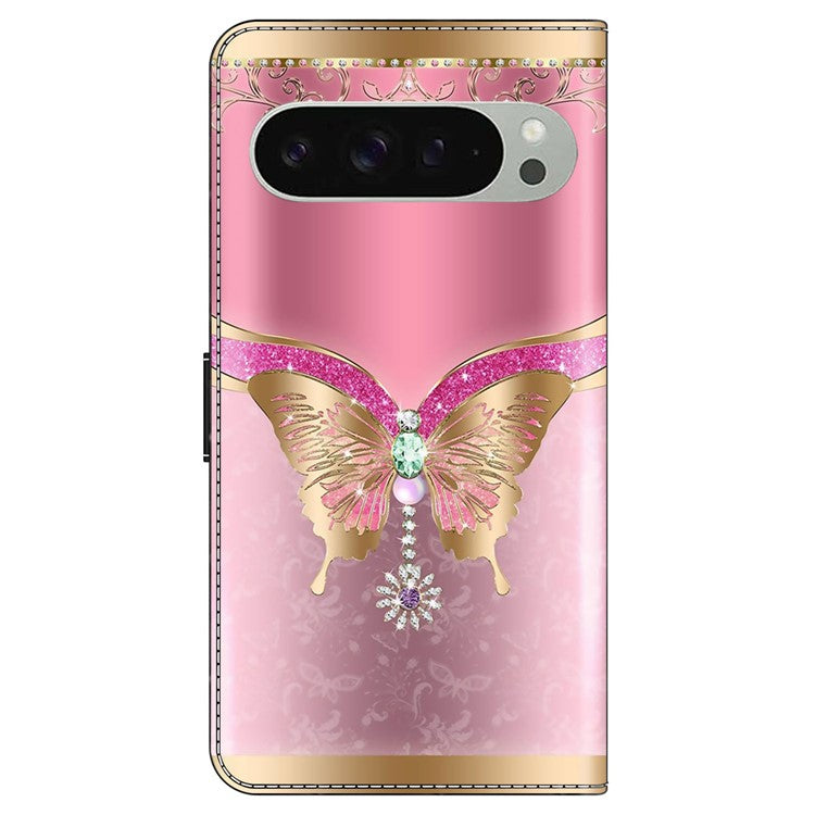 For Google Pixel 9 / 9 Pro Case 3D Pattern PU Leather Wallet Phone Cover with Stand - Pink / Gold Butterfly
