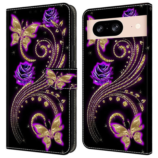For Google Pixel 8a Case 3D Pattern PU Leather Wallet Phone Cover with Stand - Purple Flowers / Butterflies