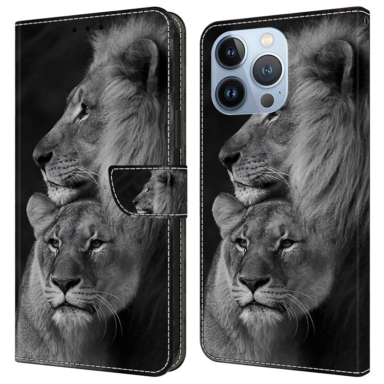 For iPhone 16 Pro Wallet Case Magnetic Clasp 3D Pattern Leather Phone Cover - Couple Lions