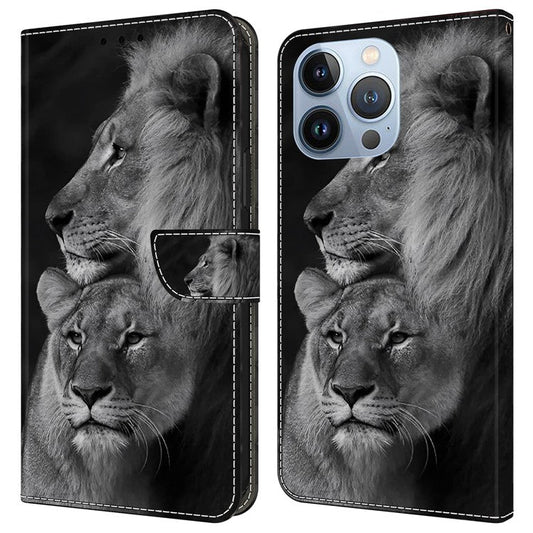 For iPhone 16 Pro Wallet Case Magnetic Clasp 3D Pattern Leather Phone Cover - Couple Lions