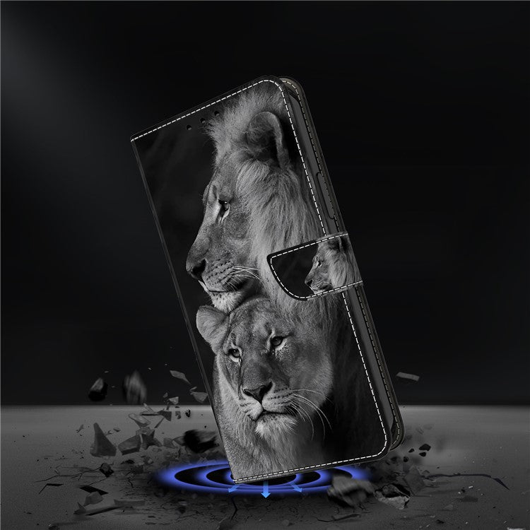 For iPhone 16 Pro Wallet Case Magnetic Clasp 3D Pattern Leather Phone Cover - Couple Lions