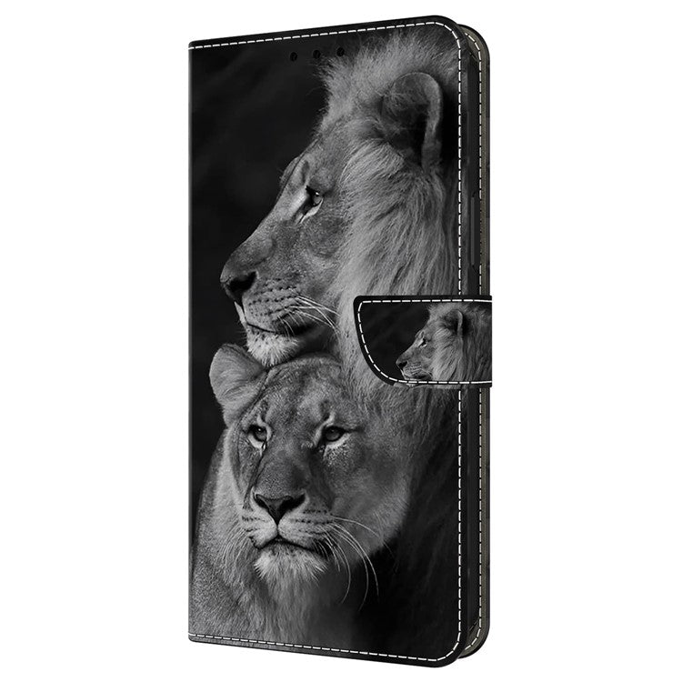 For iPhone 16 Pro Wallet Case Magnetic Clasp 3D Pattern Leather Phone Cover - Couple Lions