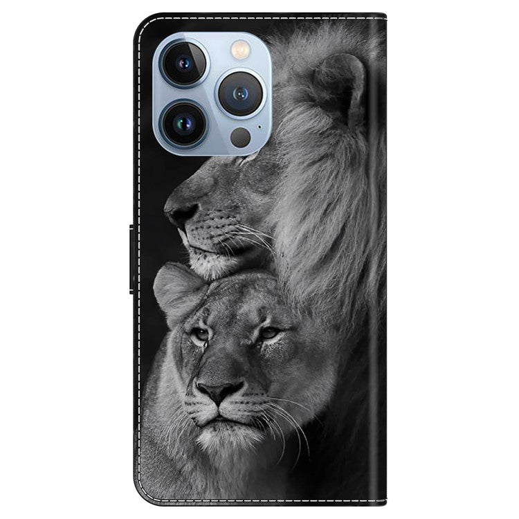 For iPhone 16 Pro Wallet Case Magnetic Clasp 3D Pattern Leather Phone Cover - Couple Lions